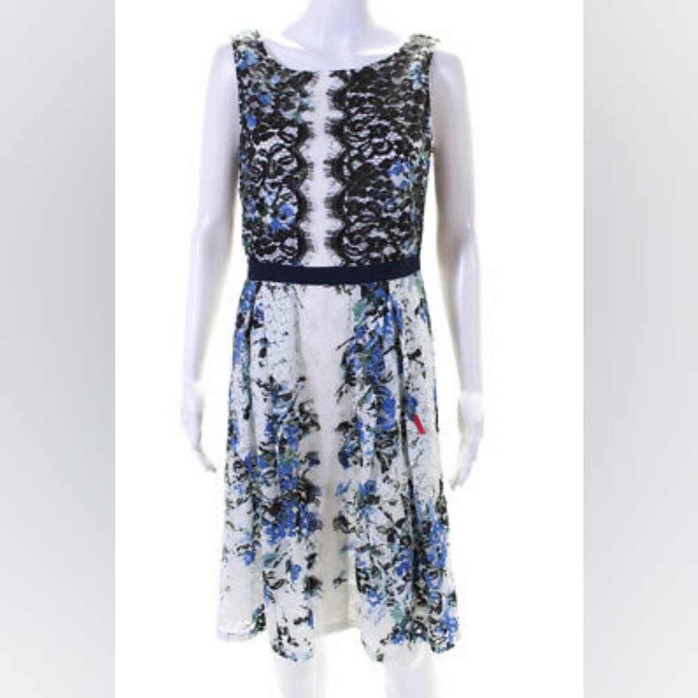 Karl Lagerfeld Womens Floral Lace Sleeveless A Line Dress Blue White